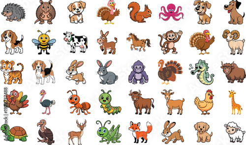 Collection of cute cartoon farm and wild animals icons with idea in a box sketch