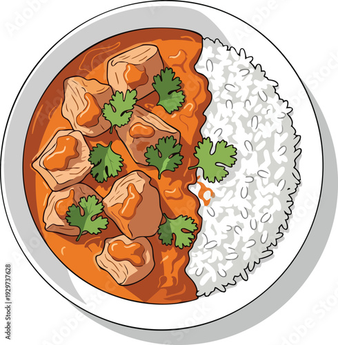 Delicious Chicken Tikka Masala with Rice and Cilantro.