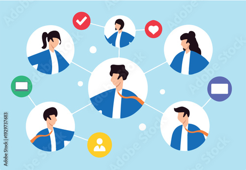 Flat illustration of colleagues communicate internally networking within company for success