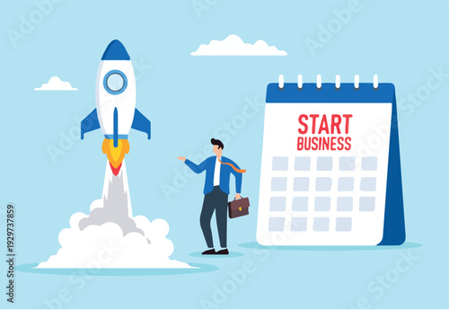 Flat illustration of businessman launching rocket with calendar marked Start Business entrepreneurship new ventures startup company