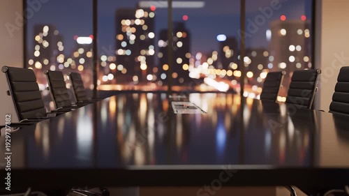 A  modern conference room with a stunning city skyline view at night, perfect for business and corporate settings