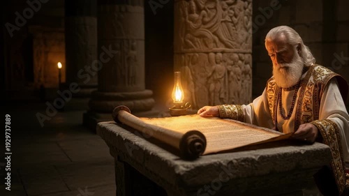 A man dressed in ancient robes reads a scroll by lantern light in a dimly lit temple setting, a scene for religion and culture.
