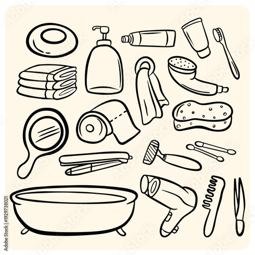 Bathroom utilities and personal hygiene accessories doodle set