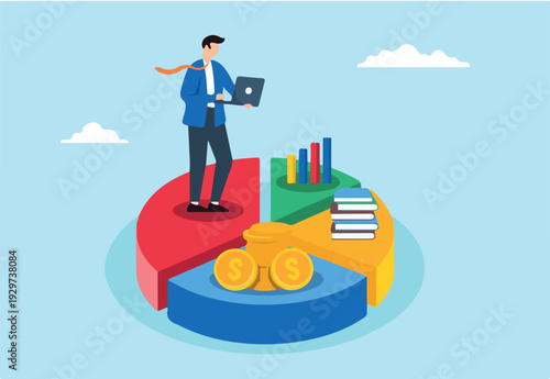 Flat illustration of businessman works on laptop analyzing pie chart for asset allocation and financial diversification.