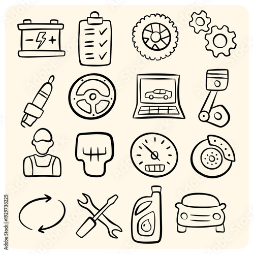 Hand Drawn Automotive Service and Car Repair Doodle Icon Set