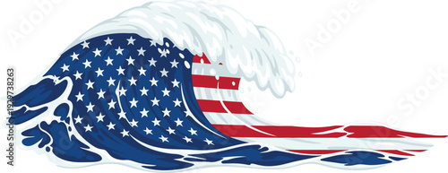 An artistic wave illustration combining the shapes of an ocean wave and the american flag