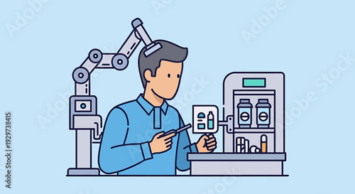 Man with Robotic Arm and Automated Machine in Pharmaceutical Lab