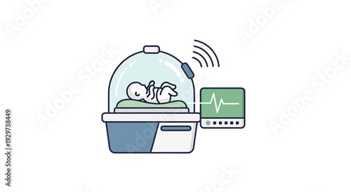 Newborn Baby in Incubator with Vital Signs Monitor and Wi-Fi Signal