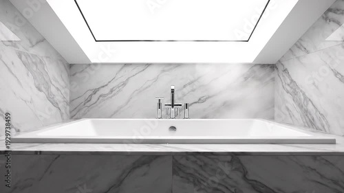 A serene bathroom with a large skylight above a marble bathtub filled with steaming hot water in a modern