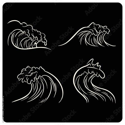 Set of Hand Drawn Ocean Waves Illustration in Japanese Style