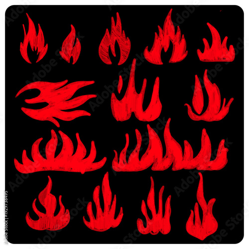 Set of Red Fire Flames and Spark Illustrations Hand Drawn Style