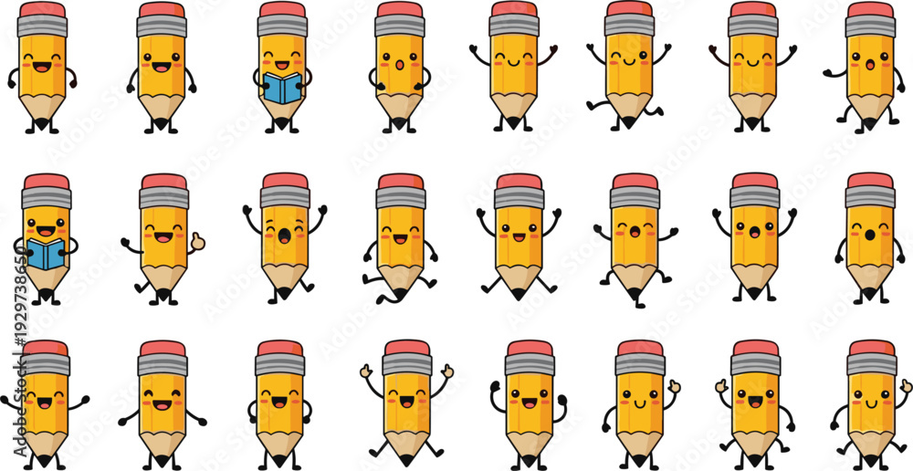 Fototapeta premium Cute Cartoon Pencil Characters Collection with Funny Emotions and Poses Back to School Vector Illustration Set
