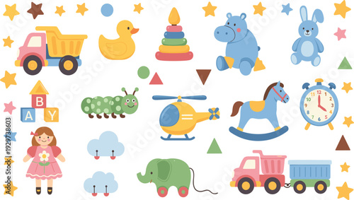 Cute Baby Toys Collection with Teddy Bear Blocks Vehicles and Nursery Elements Vector Illustration Set