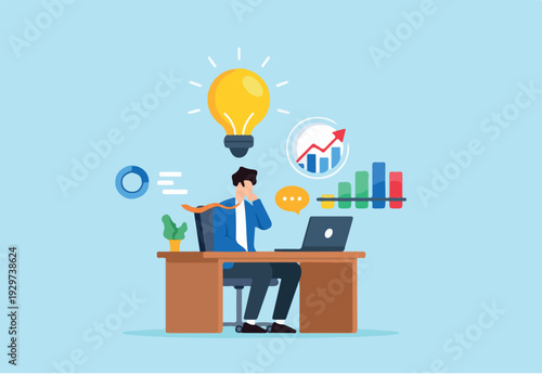  Flat illustration of businessman sitting at desk discovering new insight with bright lightbulb and analytics chart while communicating remotely via laptop with speech bubble.