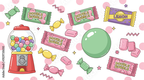 Cute Bubble Gum and Candy Collection with Gumball Machine Sweet Treats Vector Illustration Set