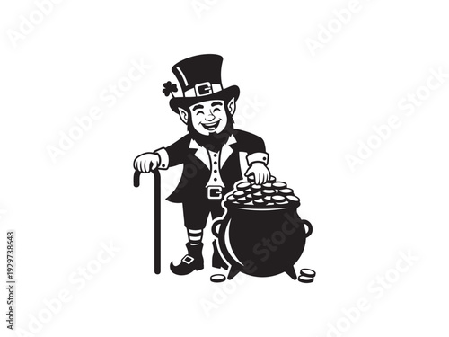Smiling leprechaun guarding treasure pot filled with gold coins.