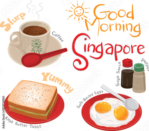 A typical Singapore breakfast: kaya butter toast, soft-boiled eggs, coffee, with soy sauce and pepper—an iconic, comforting start to the morning.