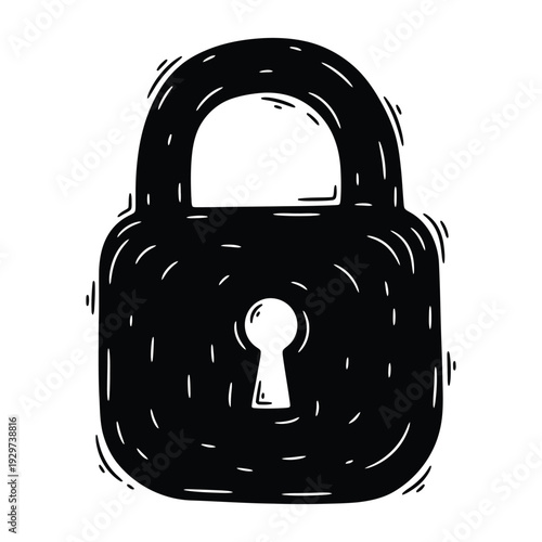Hand-drawn padlock doodle illustration, black and white sketch of a closed lock with keyhole