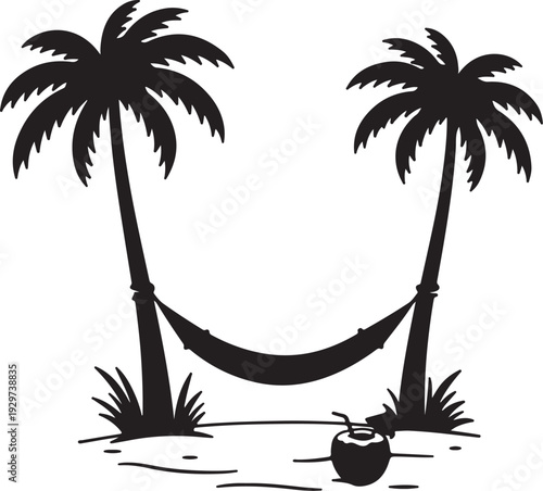 Black and white illustration of hammock between two palm trees on a tropical beach with a coconut drink