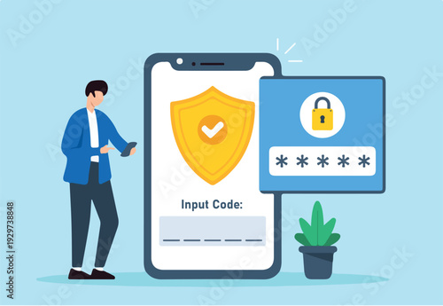 Flat illustration of user activating two-factor authentication on smartphone with verification code input