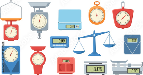 Weighing Scale Collection with Analog and Digital Balance Devices Measurement Equipment Vector Illustration Set