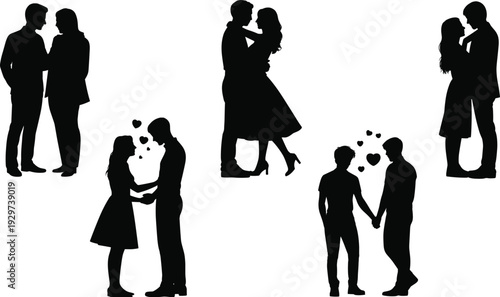 Couple silhouettes collection, romantic love, holding hands, embracing, gazing, heart symbols, vector illustration, relationship design, black icons, affection poses