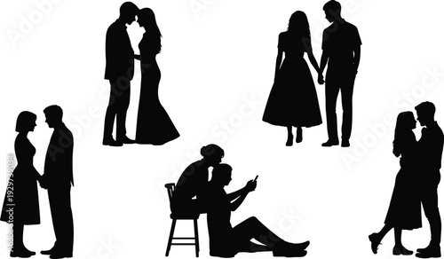 Couple silhouettes collection, romantic love, kissing, holding hands, embracing, companionship, vector illustration, black icons, relationship design, affection poses