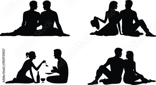 Couple silhouettes sitting together, romantic interaction, love relationship, companionship moments, feeding partner, casual relaxation, intimate bonding, social connection, affectionate gesture