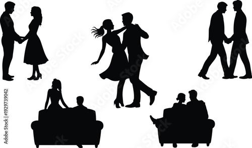 Couple silhouettes, romantic icons, dancing vector, holding hands illustration, LGBTQ couple silhouettes, sitting together, love symbols, relationship vector, black silhouettes, intimacy