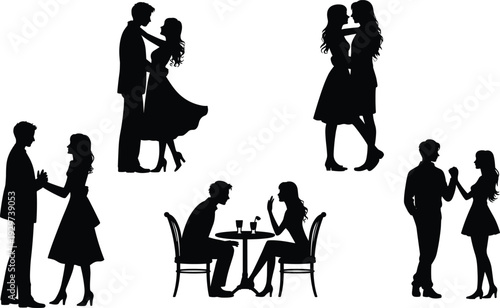 Couple silhouettes, romantic poses, dancing figures, kissing lovers, affectionate interaction, relationship icons, love design art, companionship illustration, intimacy outline, black figures