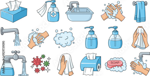 Personal Hygiene and Sanitation Vector Illustration Bundle Including Hand Washing, Paper Tissues, Soap Bubbles, Virus Prevention, Faucets, and Towels for Public Health Signage
