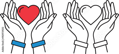 Hands Holding Heart Icon Set with Charity, Love and Care Symbol in Outline and Colored Flat Vector Style