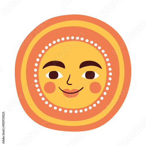 Sun face children colorful doodle illustration. Spring or summer solar symbol, 60s 70s cartoon retro character. Modern vintage bright picture for decoration, nursery, book cover, postcards, print.