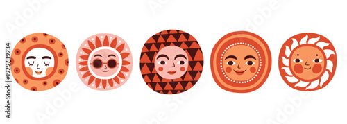 Sun face children doodle colorful illustration set. Spring or summer solar symbol, 60s 70s cartoon retro character. Fashionable modern vintage bright picture for decoration, nursery, book cover.