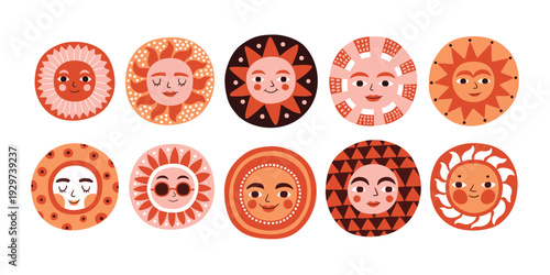 Sun face children colorful doodle illustration set. Spring or summer symbol solar, 60s 70s cartoon retro character. Fashionable modern vintage bright picture for decoration, nursery, book cover.
