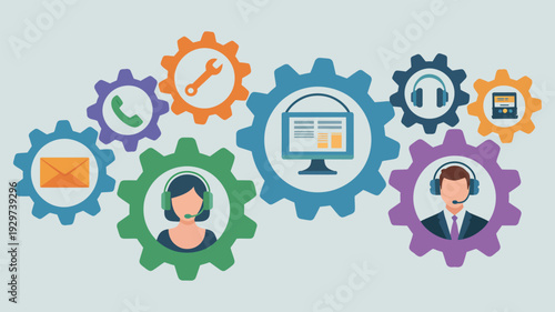 integrated customer support and operational excellence concept, service icons depicted within interlocking gears, vector illustration set for business and management projects.