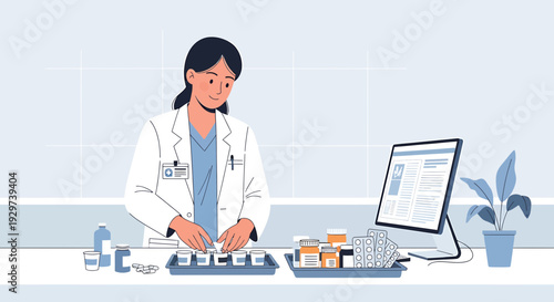 Pharmacist Preparing Medication, Dispensing Pills and Capsules at Counter