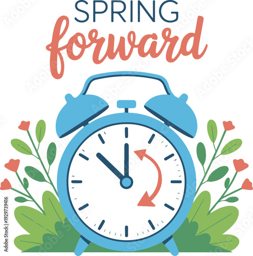 Daylight Saving Time web template. The clocks moves forward one hour to daylight-saving time. Floral decoration,