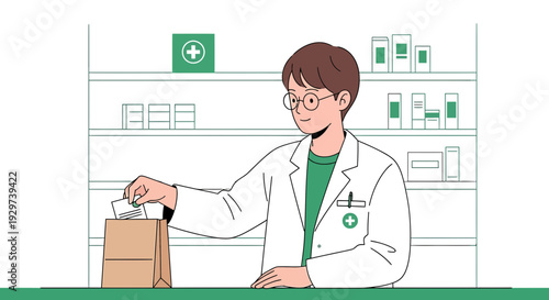 Pharmacist Preparing Prescription Bag in Pharmacy with Shelves of Medicine