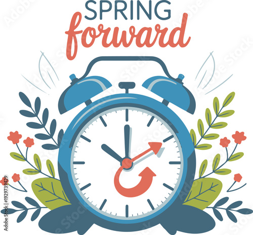 Spring Daylight Saving Time. Spring forward. Summer time, one hour ahead. Cute alarm clock with flowers 