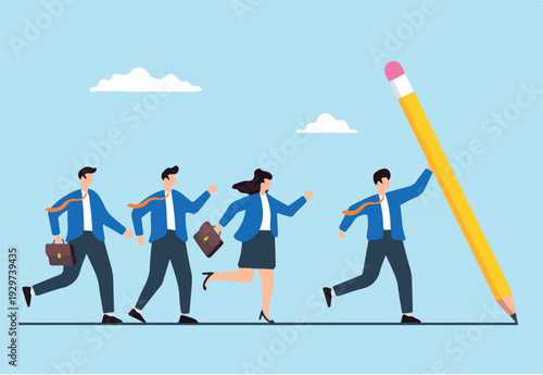  Flat illustration of business leader guiding team by drawing path line with large pencil for leadership vision and achieve success