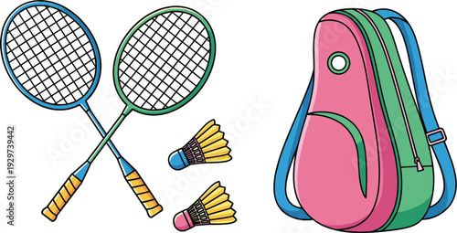 Professional Badminton Racket Set with Shuttlecocks and Sports Gear Bag Vector Illustration for Athletics, Fitness, Tournament Training, and Hobby Lifestyle Equipment Designs