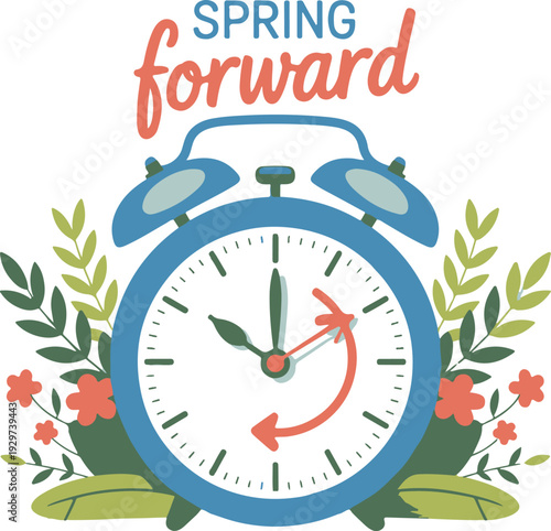 Spring forward daylight saving time concept with alarm clock and flowers