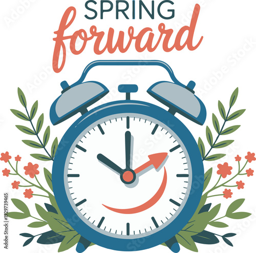 Spring forward alarm clock illustration with floral wreath for daylight saving time. Cute vector composition with flowers