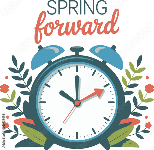 Clocks, alarms for concept of switching to daylight saving time. Spring Forward. Alarms clock with flowers and leaves on white background. 