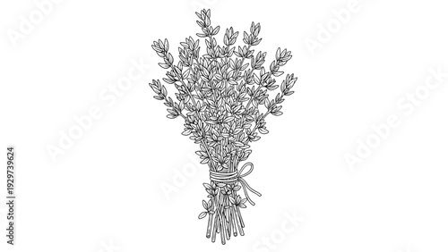 Detailed line art drawing depicts a fresh bunch of thyme herbs tied together with a simple string in a classic botanical sketch style.