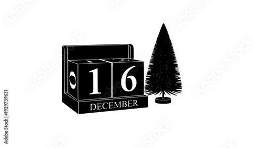 December 16 Wooden Block Calendar with Pine Tree Isolated White Background Vector