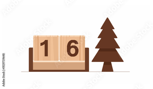 Minimal Wooden Desk Calendar December 16 with Pine Tree Flat Vector Illustration