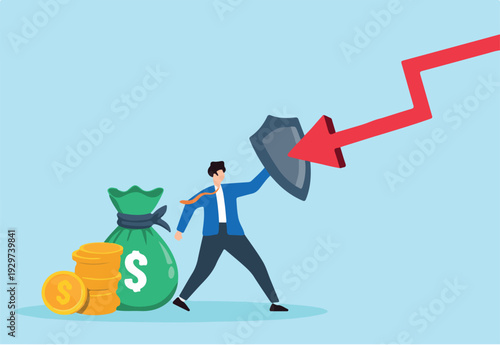 Flat illustration of strong businessman hold shield protect money bag and coin against red arrow attacking financial security