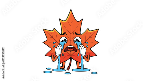 Crying orange maple leaf character with gloved hands and big blue tears represents the sadness of the autumn season in a cartoon style.